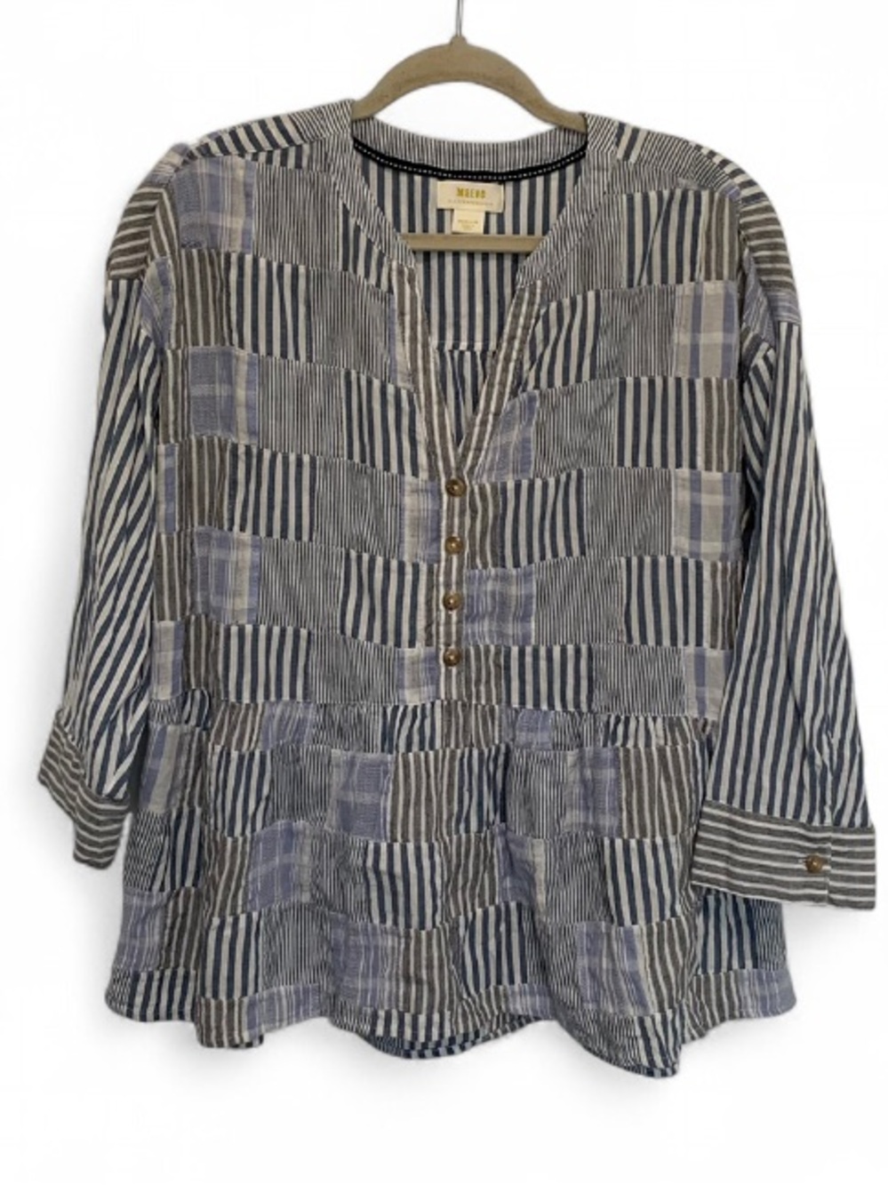 Maeve Blue & White Patchwork Stripe Peasant Tunic